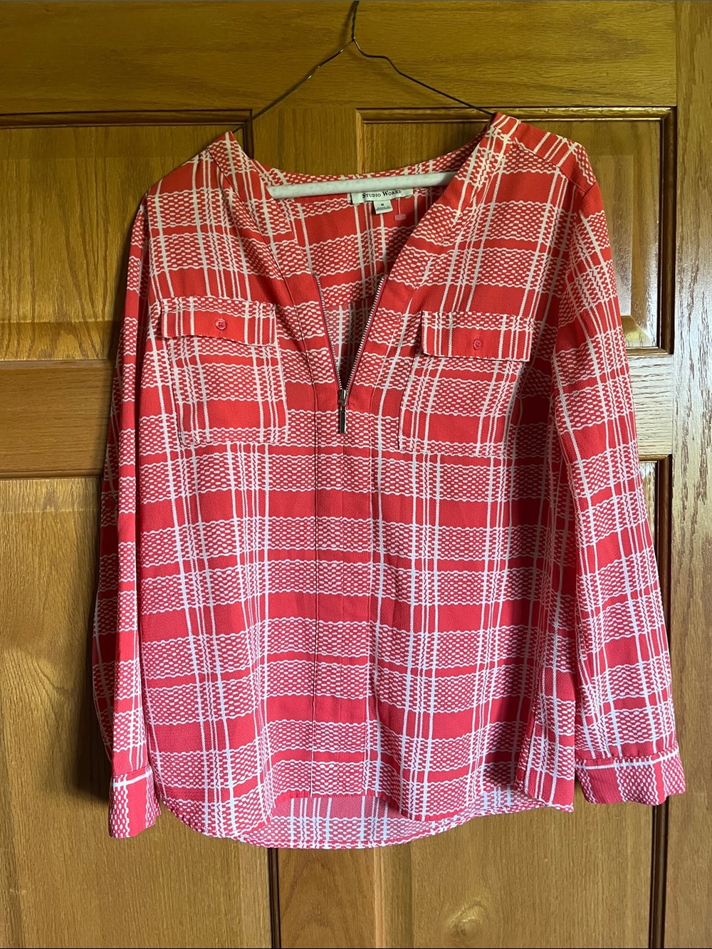 Studio Works Coral Plaid Half-Zip Tunic